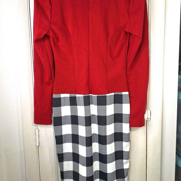 NWT Oxiuli Fashion Red Black Colorblock Checkered Long Sleeve Bodycon Dress Sz M - Picture 5 of 13